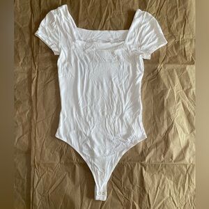 White Ribbed Square Neck Bodysuit Minimalist Top